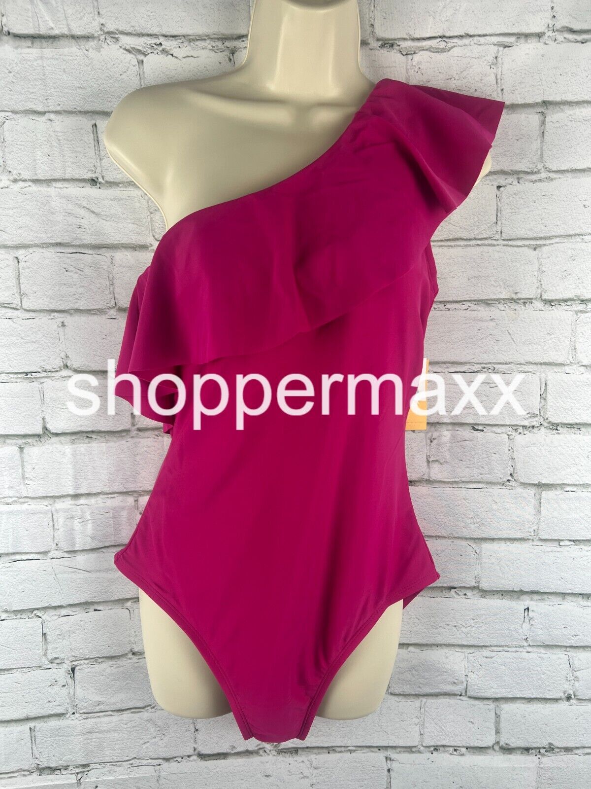 Women's Ruffle One Shoulder Full Coverage One Piece Swimsuit, Pink, Large