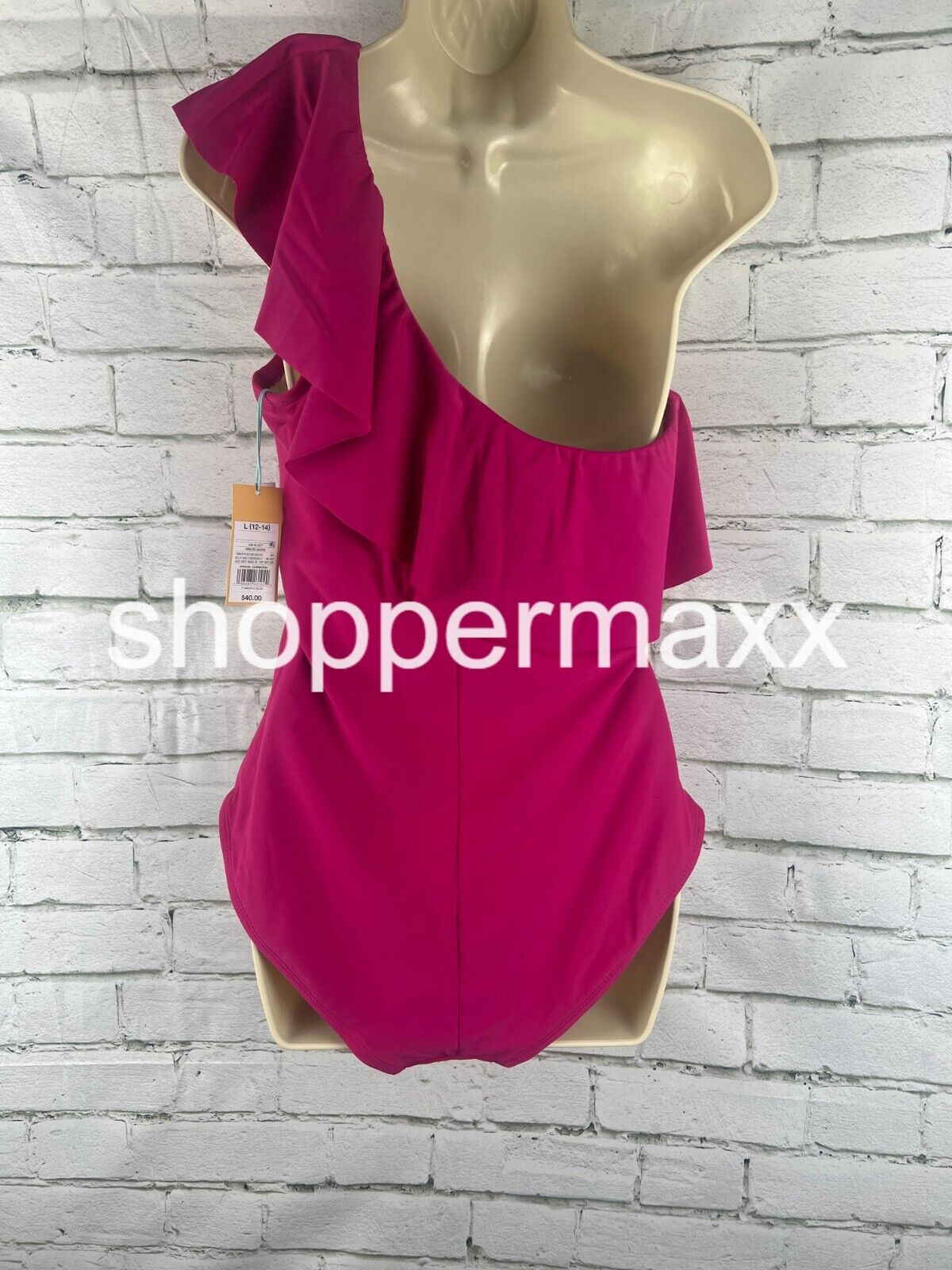 Women's Ruffle One Shoulder Full Coverage One Piece Swimsuit, Pink, Large