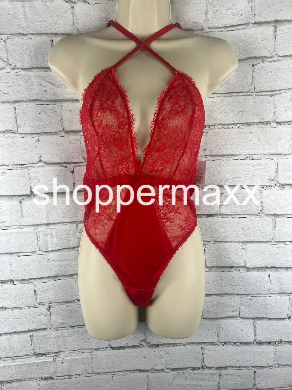 Women's Deep-V Unlined Lace Lingerie Bodysuit - Auden, Color- RED, Size- Small