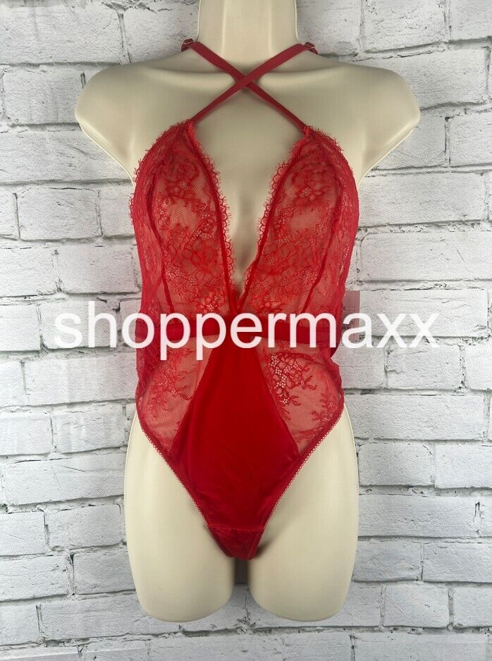 Women's Deep-V Unlined Lace Lingerie Bodysuit - Auden, Color- RED, Size- Small