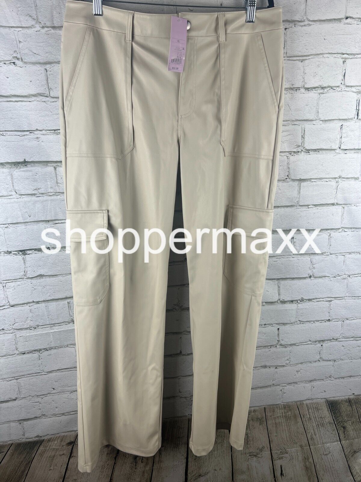 Women's High-Rise Straight Leg Faux Leather Cargo Pants-Wild Fable, Light Beige