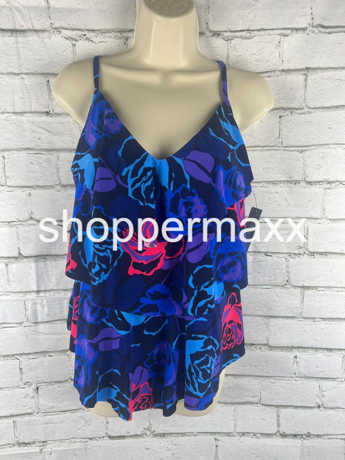 Women's Triple Tier Tankini Top, Color- Rose Grows, Size- Large