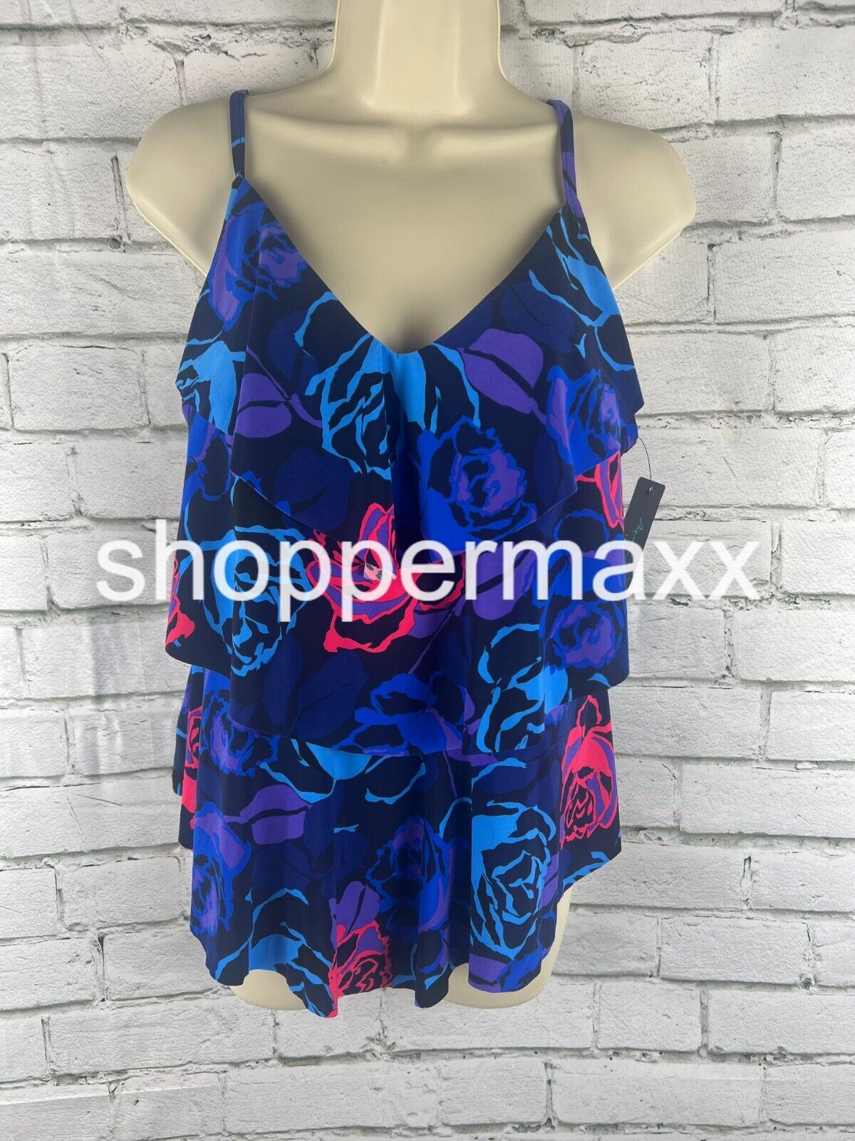 Women's Triple Tier Tankini Top, Color- Rose Grows, Size- Large