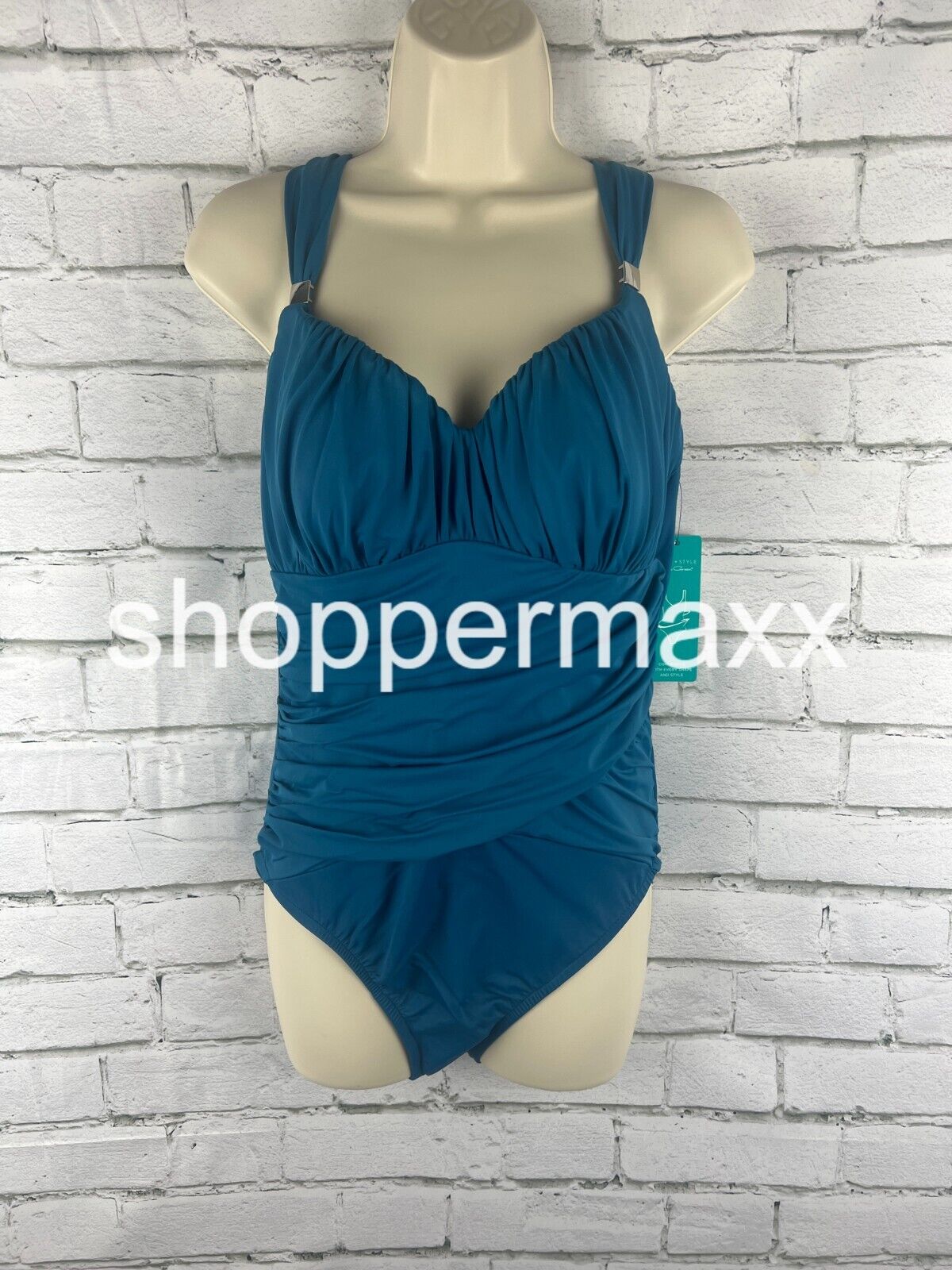 Women's UPF 50 Sweetheart Neck Ruched One Piece Swimsuit - Color- Teal, Size-12