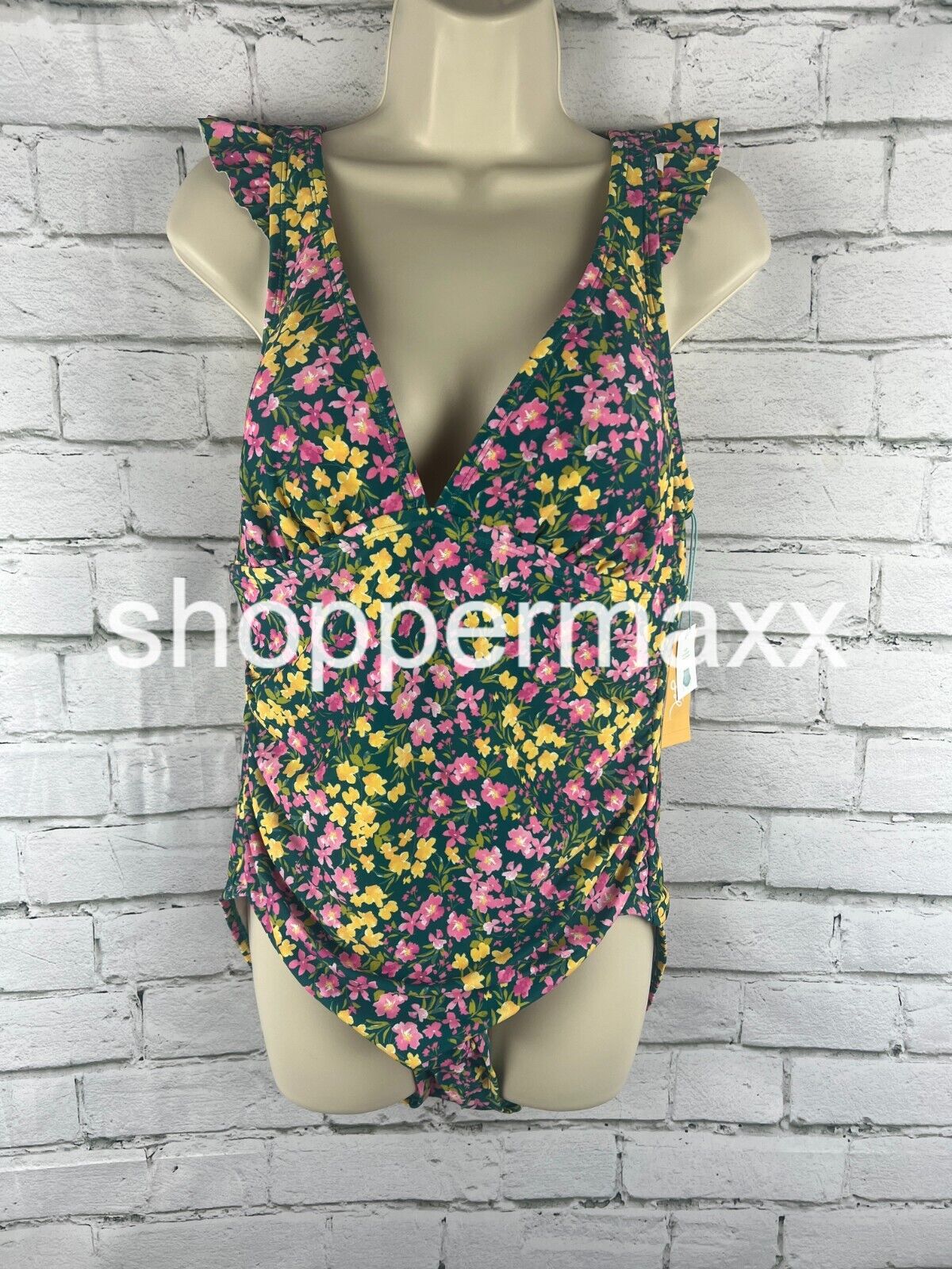 Women's Ruffle Shoulder Ruched Full Coverage One Piece Swimsuit Kona Sol Multi L
