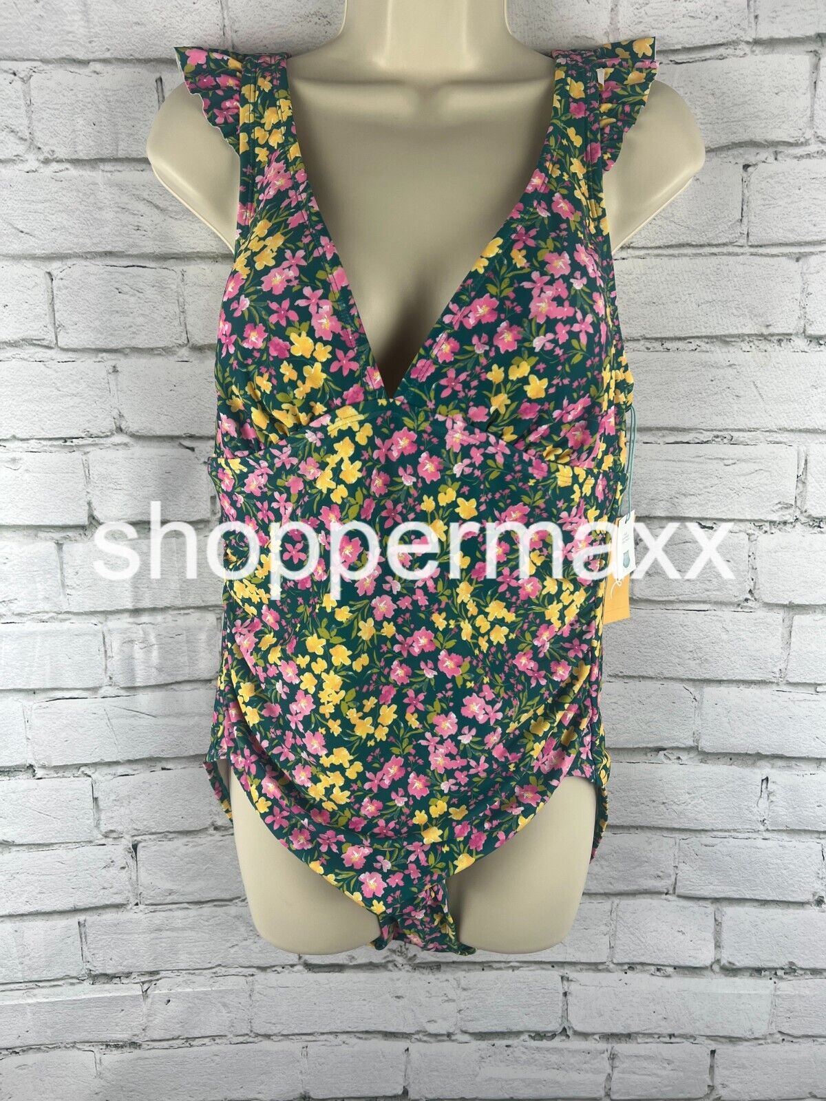 Women's Ruffle Shoulder Ruched Full Coverage One Piece Swimsuit Kona Sol Multi L