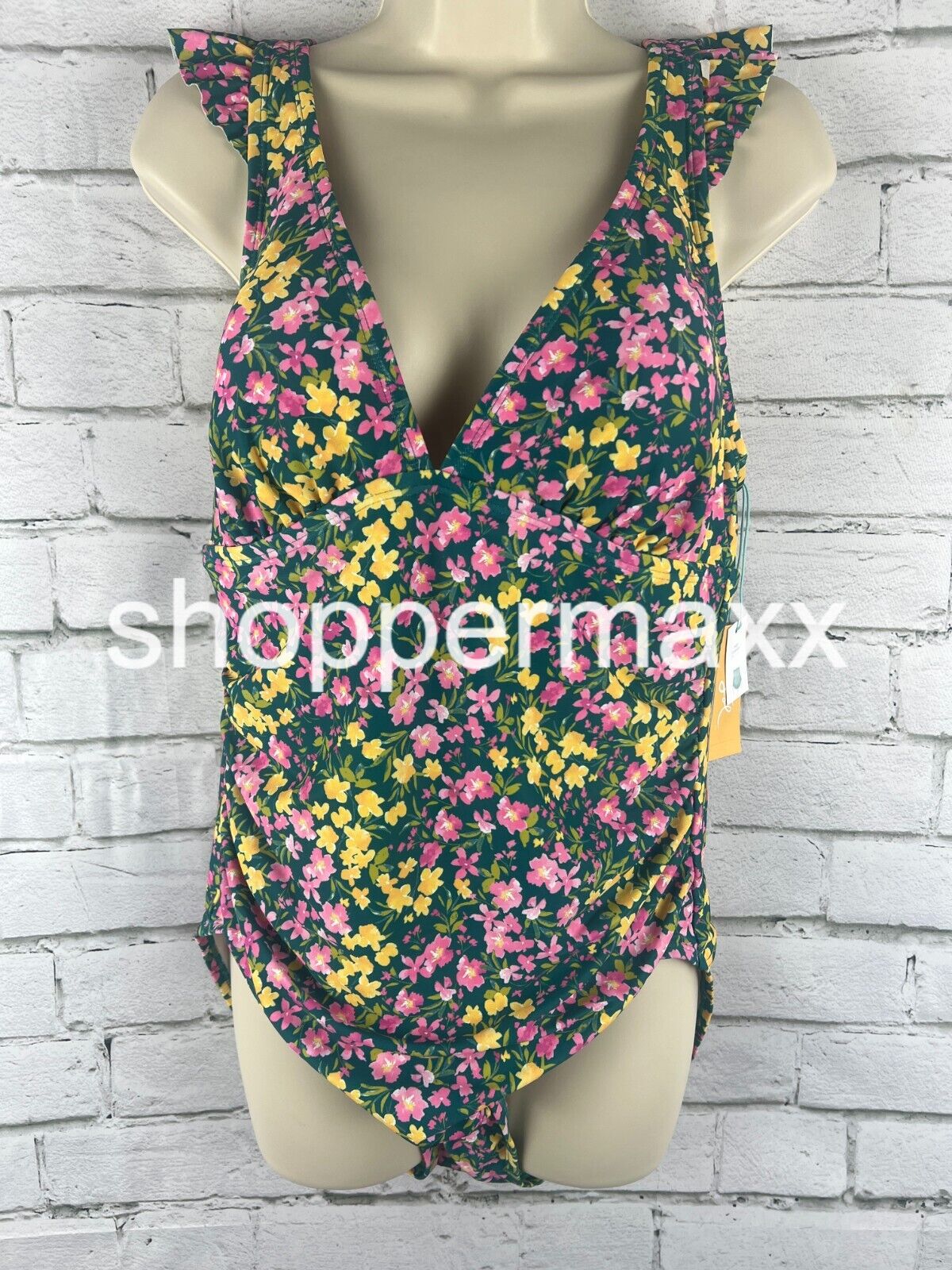 Women's Ruffle Shoulder Ruched Full Coverage One Piece Swimsuit Kona Sol Multi L