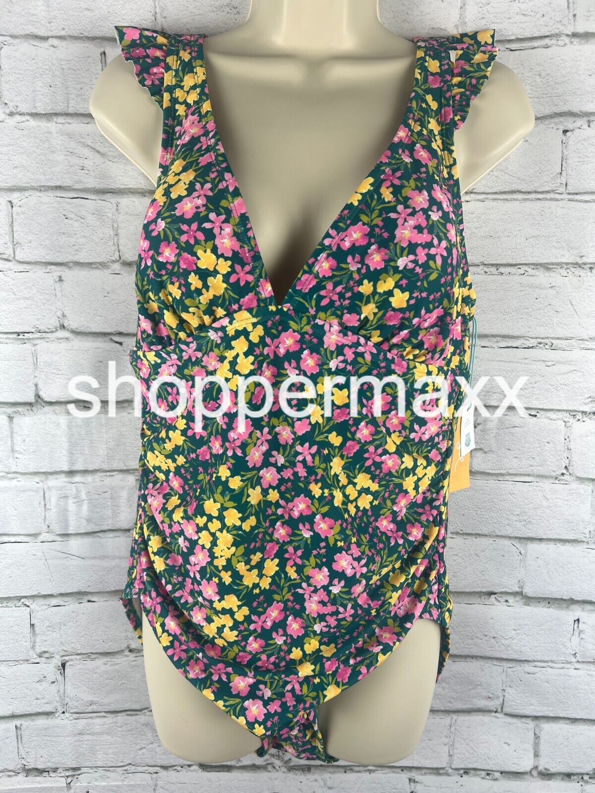 Women's Ruffle Shoulder Ruched Full Coverage One Piece Swimsuit Kona Sol Multi L