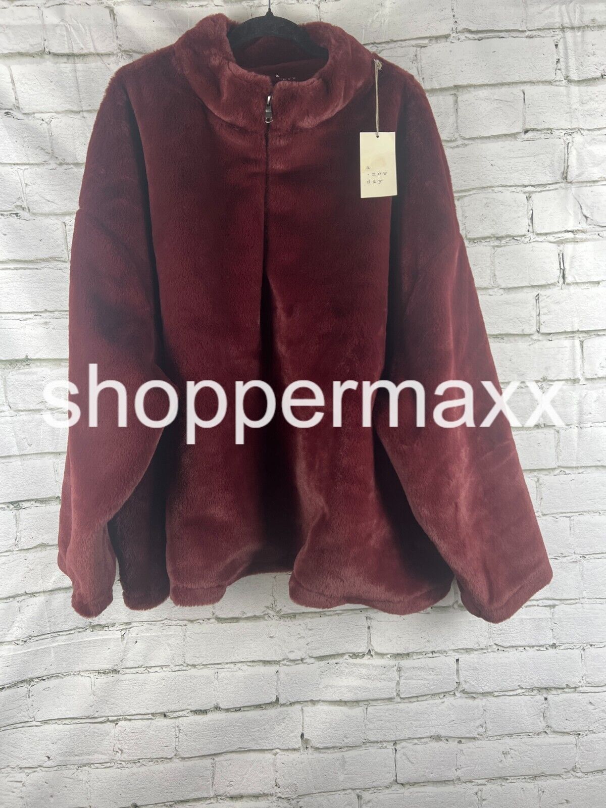 Women's Faux Fur Quarter Zip Sweatshirt - A New Day, Color- Burgundy, SIze- 4X