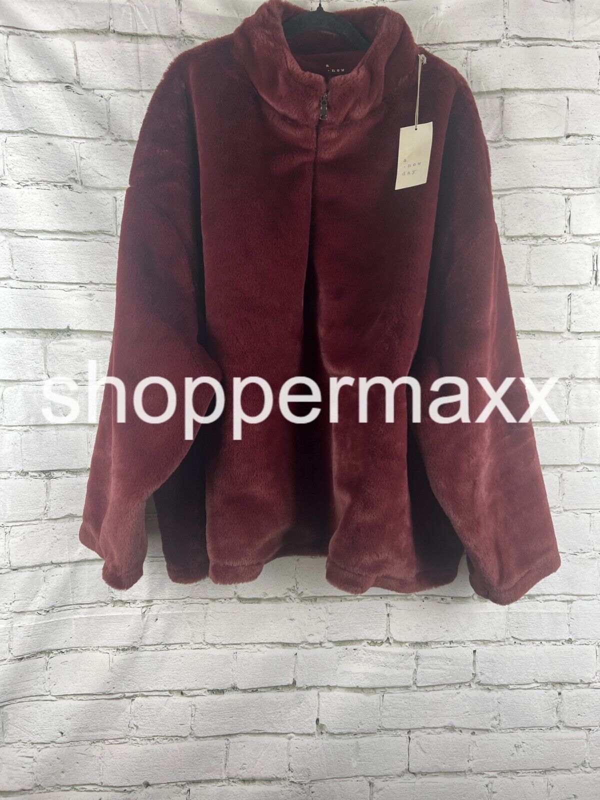 Women's Faux Fur Quarter Zip Sweatshirt - A New Day, Color- Burgundy, SIze- 4X