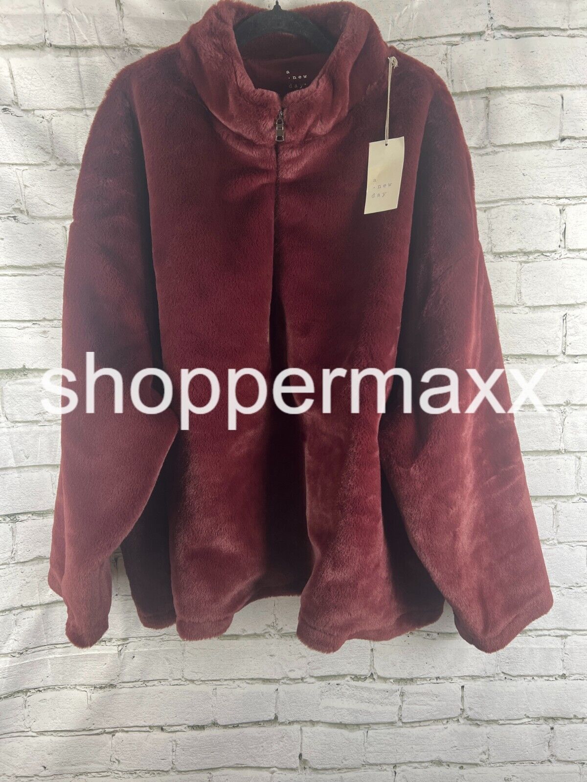 Women's Faux Fur Quarter Zip Sweatshirt - A New Day, Color- Burgundy, SIze- 4X