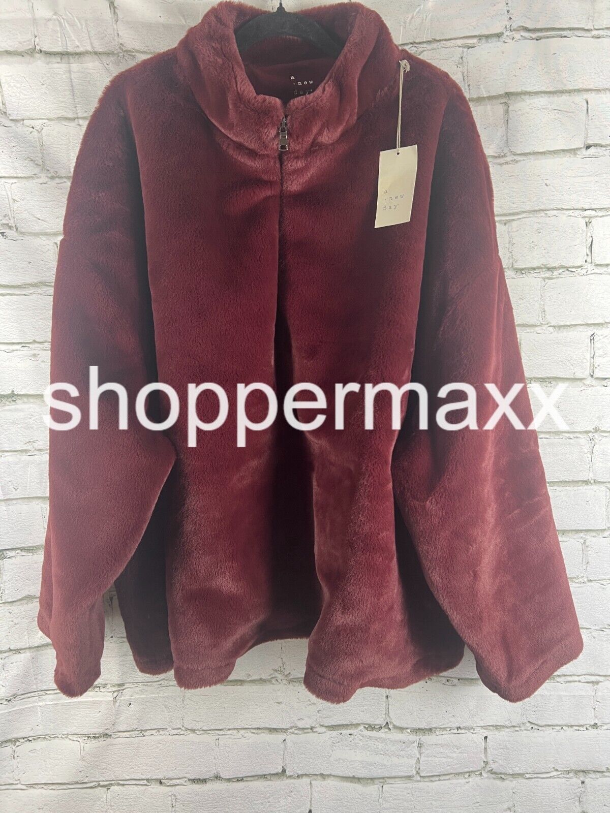 Women's Faux Fur Quarter Zip Sweatshirt - A New Day, Color- Burgundy, SIze- 4X
