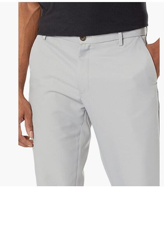 Essentials Men's Slim-Fit Flat-Front Dress Pant, Light Grey, 32W x 34L
