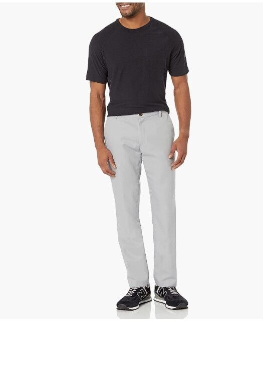 Essentials Men's Slim-Fit Flat-Front Dress Pant, Light Grey, 32W x 34L