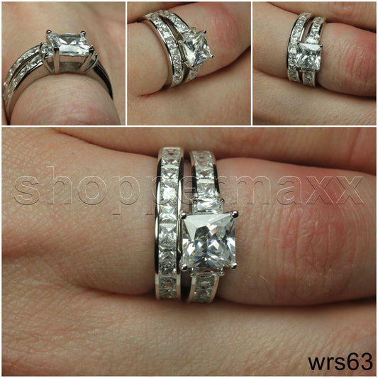 4.66 CT PRINCESS CUT CZ STERLING SILVER ENGAGEMENT RING & WEDDING RING SET 6.8GM