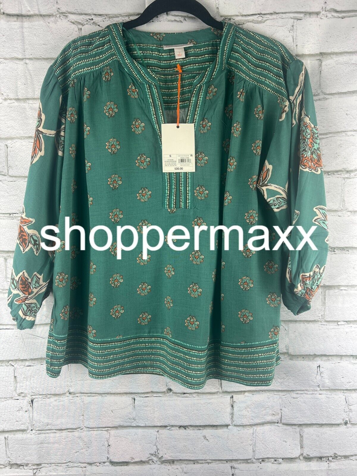 Women's Balloon 3/4 Sleeve Woven Top - Knox Rose, Floral, Green, S
