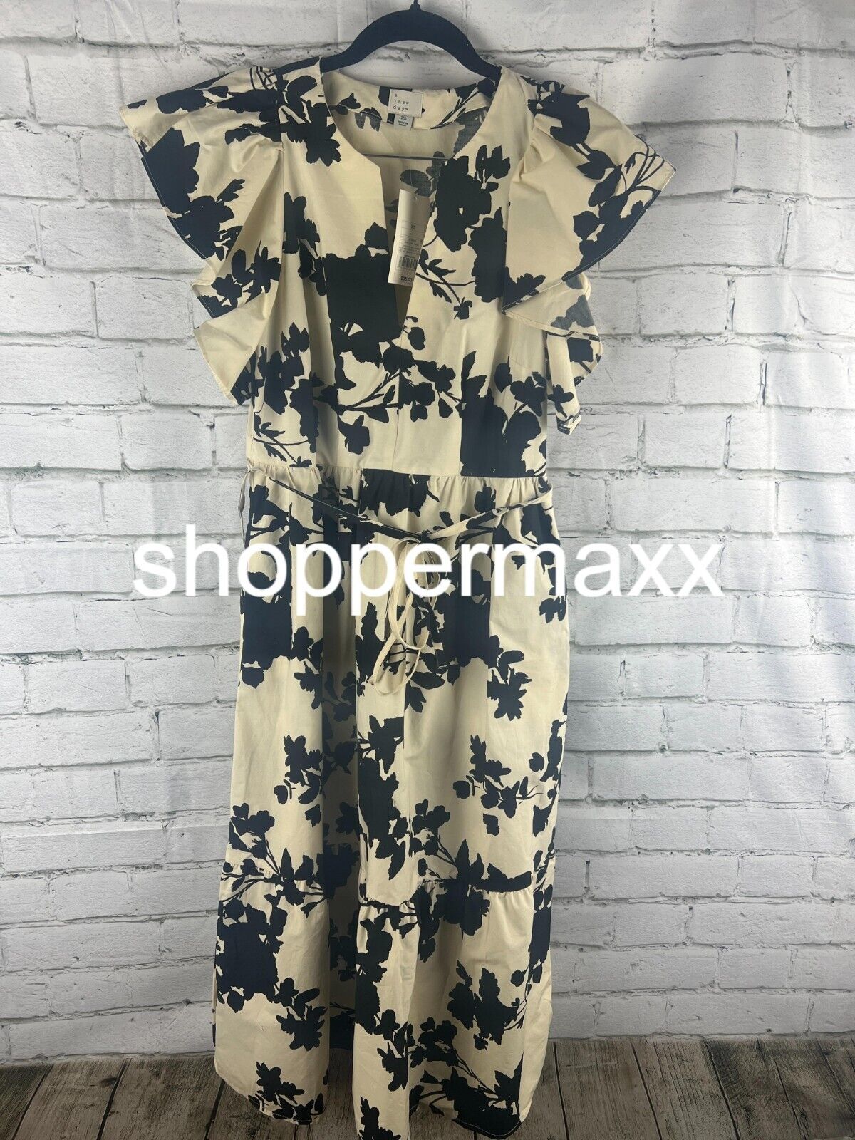 Women's Flutter Short Sleeve Midi Dress - A New Day, Beige/Black Floral, XS