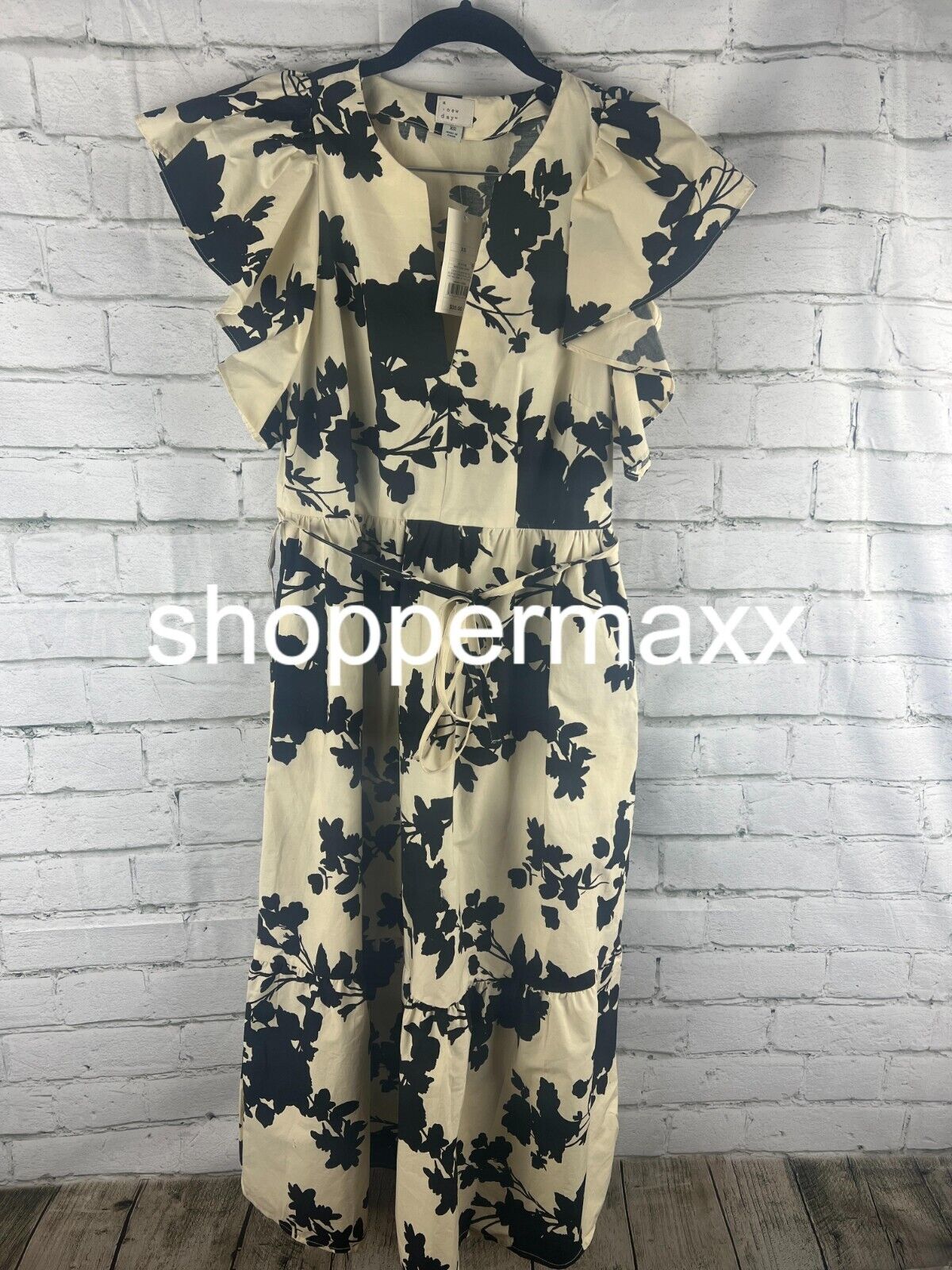 Women's Flutter Short Sleeve Midi Dress - A New Day, Beige/Black Floral, XS