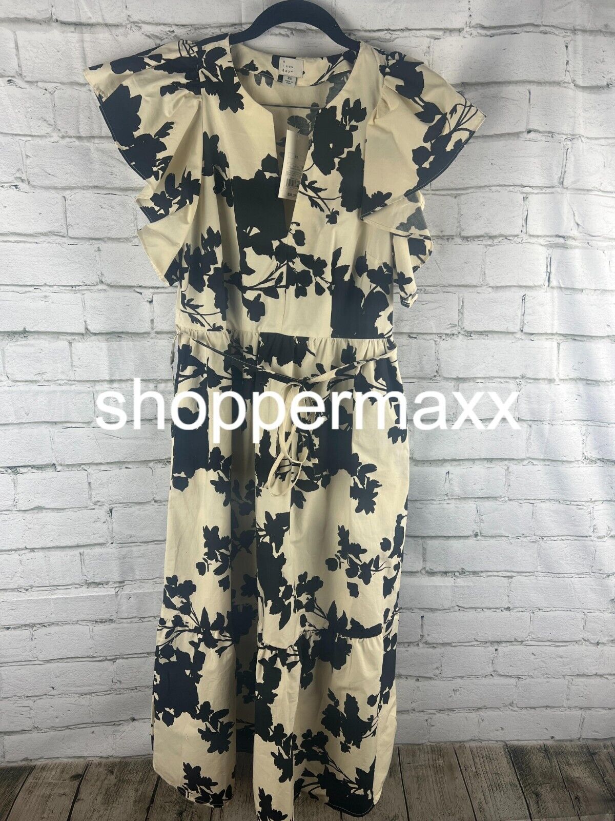 Women's Flutter Short Sleeve Midi Dress - A New Day, Beige/Black Floral, XS