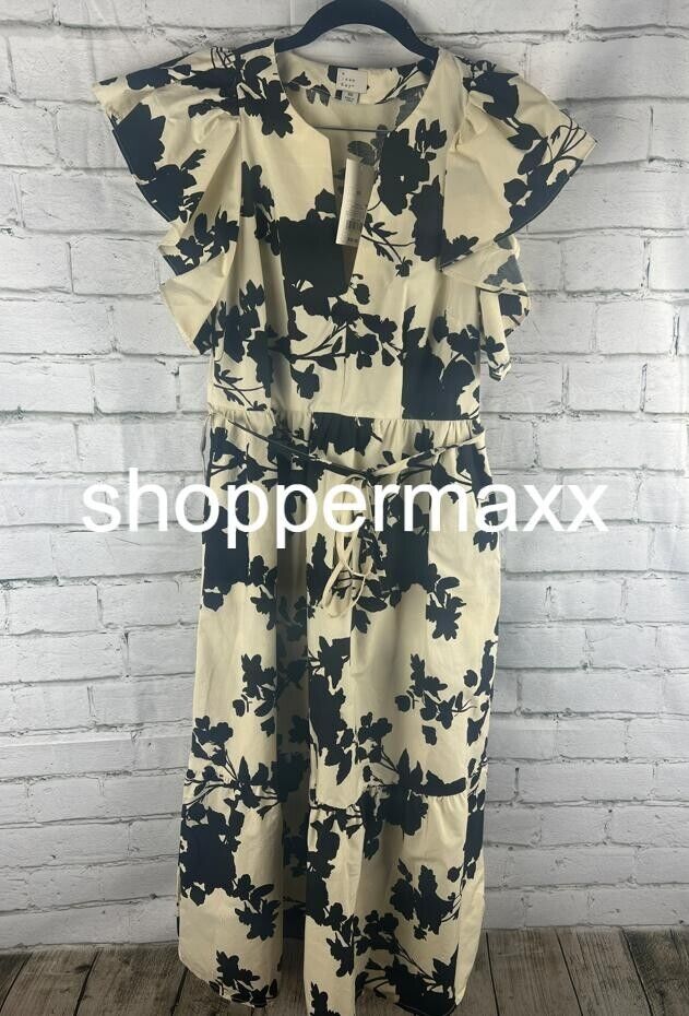 Women's Flutter Short Sleeve Midi Dress - A New Day, Beige/Black Floral, XS