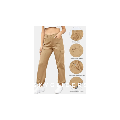 BGOWATU Women's Hiking Cargo Pants Joggers stretch , 6 Pockets, Khaki, Size 2XL
