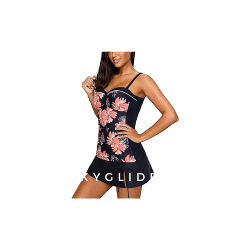 Yonique Women Underwire Swimsuits with Skirt Two Piece Swimwear Orange Floral XS