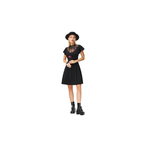 Women's Black Skater Dress Retro Ruffle Cap Sleeve Dark Queen Gothic Black, L