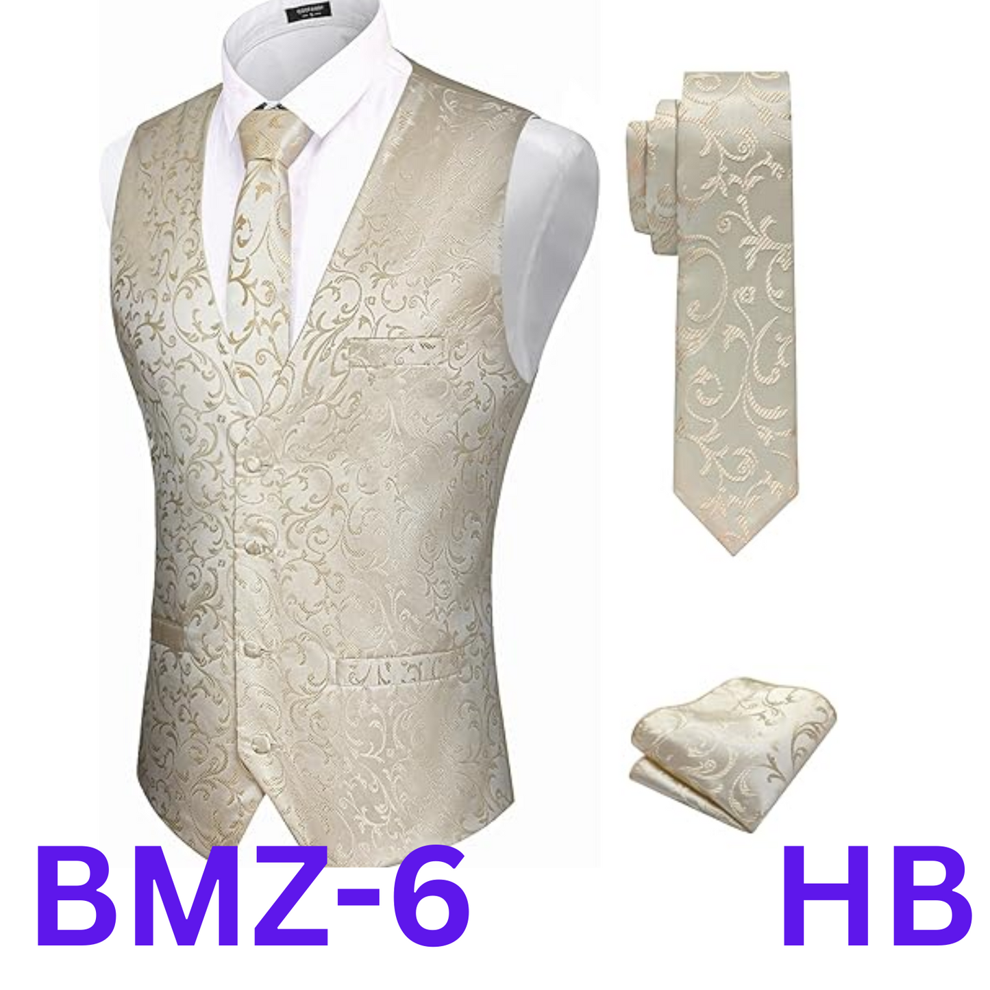 COOFANDY Men 3PCS Vest Set Floral Jacquard Tie Pocket  v-neckline, Beige, Large