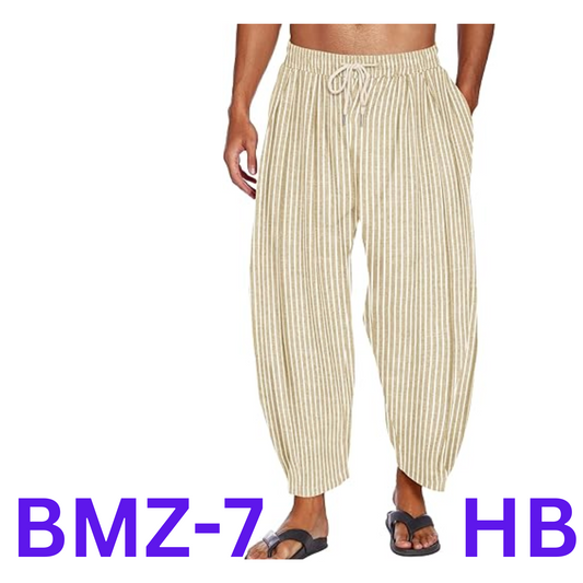 COOFANDY Men's Cotton Linen Harem Pants Cropped Trousers, Khaki Pinstripes, L