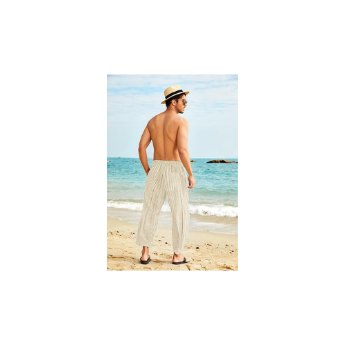COOFANDY Men's Cotton Linen Harem Pants Cropped Trousers, Khaki Pinstripes, L
