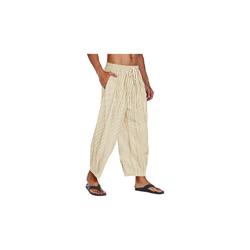 COOFANDY Men's Cotton Linen Harem Pants Cropped Trousers, Khaki Pinstripes, L