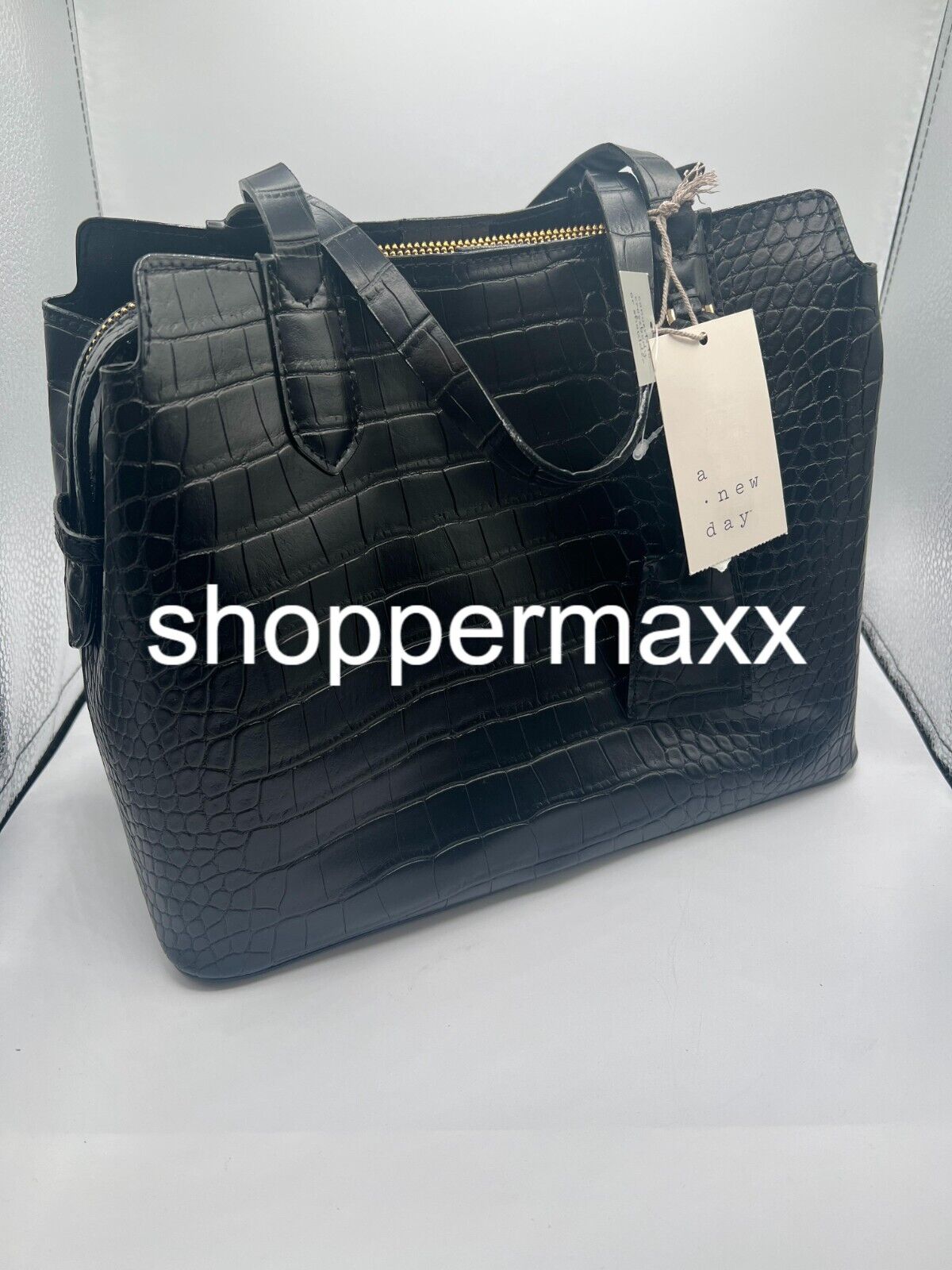 Triple Compartment Satchel Handbag- A New Day, BLACK/Aliigator Print, One Size