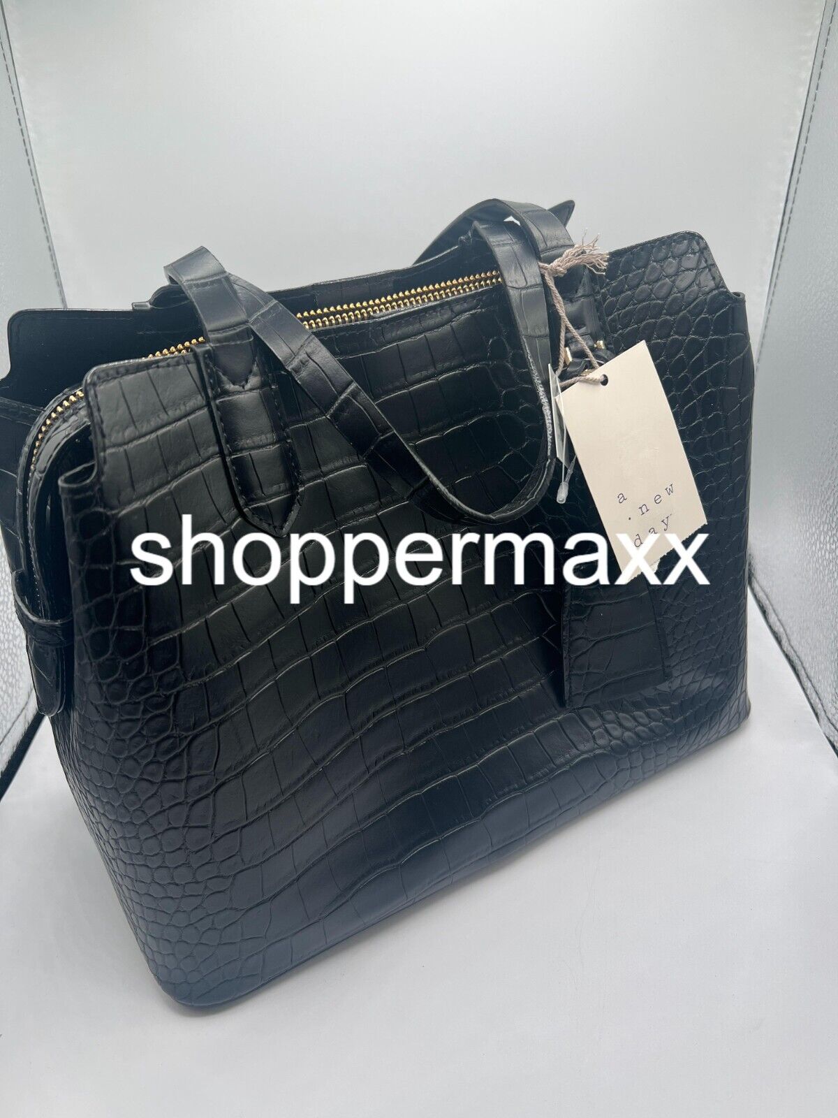 Triple Compartment Satchel Handbag- A New Day, BLACK/Aliigator Print, One Size
