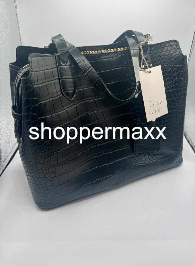 Triple Compartment Satchel Handbag- A New Day, BLACK/Aliigator Print, One Size
