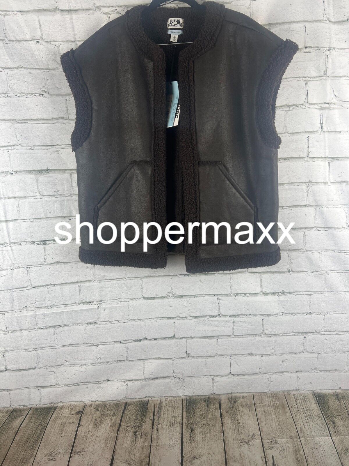 Women' Faux Shearling Lined Leather Vest- Future Collective with Reese, Brown, M