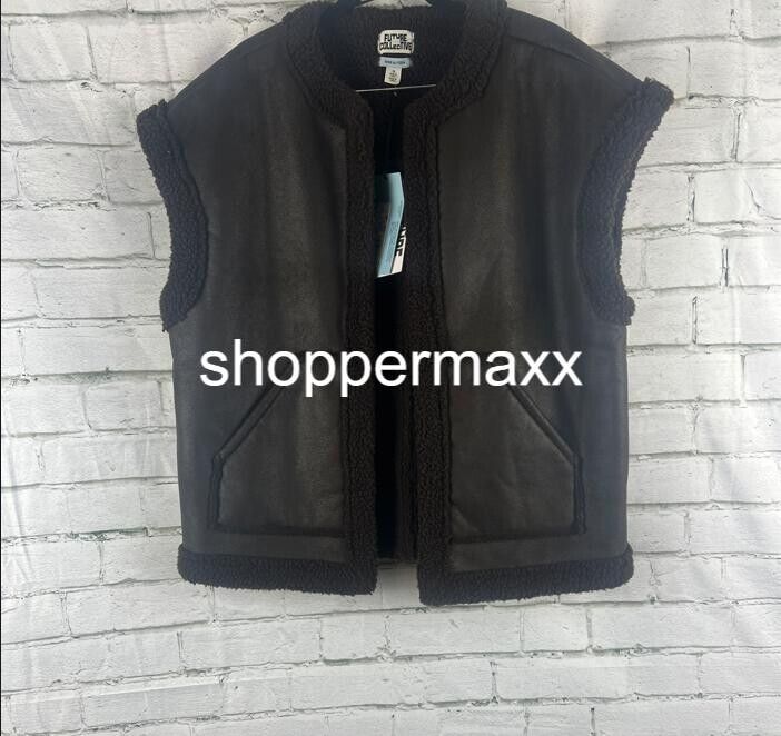 Women' Faux Shearling Lined Leather Vest- Future Collective with Reese, Brown, M