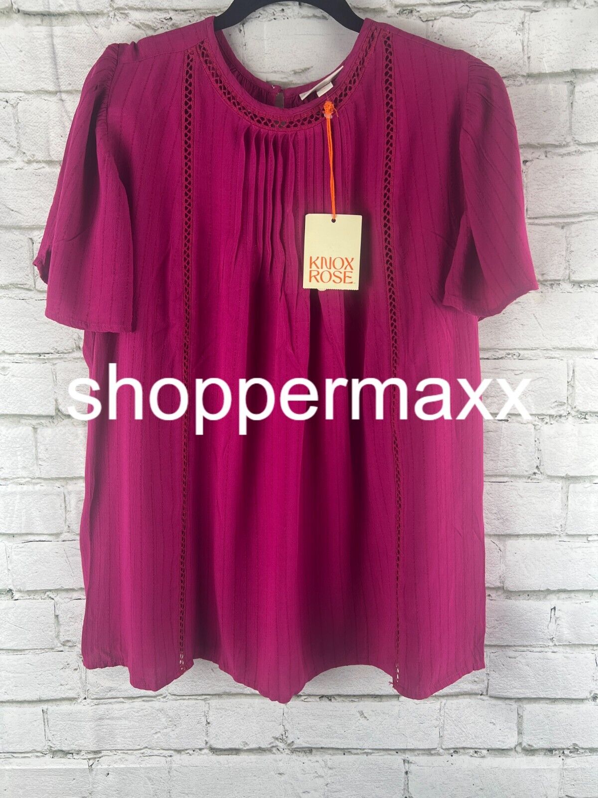 Women's Flutter Sleeve Eyelet Embroidered Top - Knox Rose, Magenta, Small