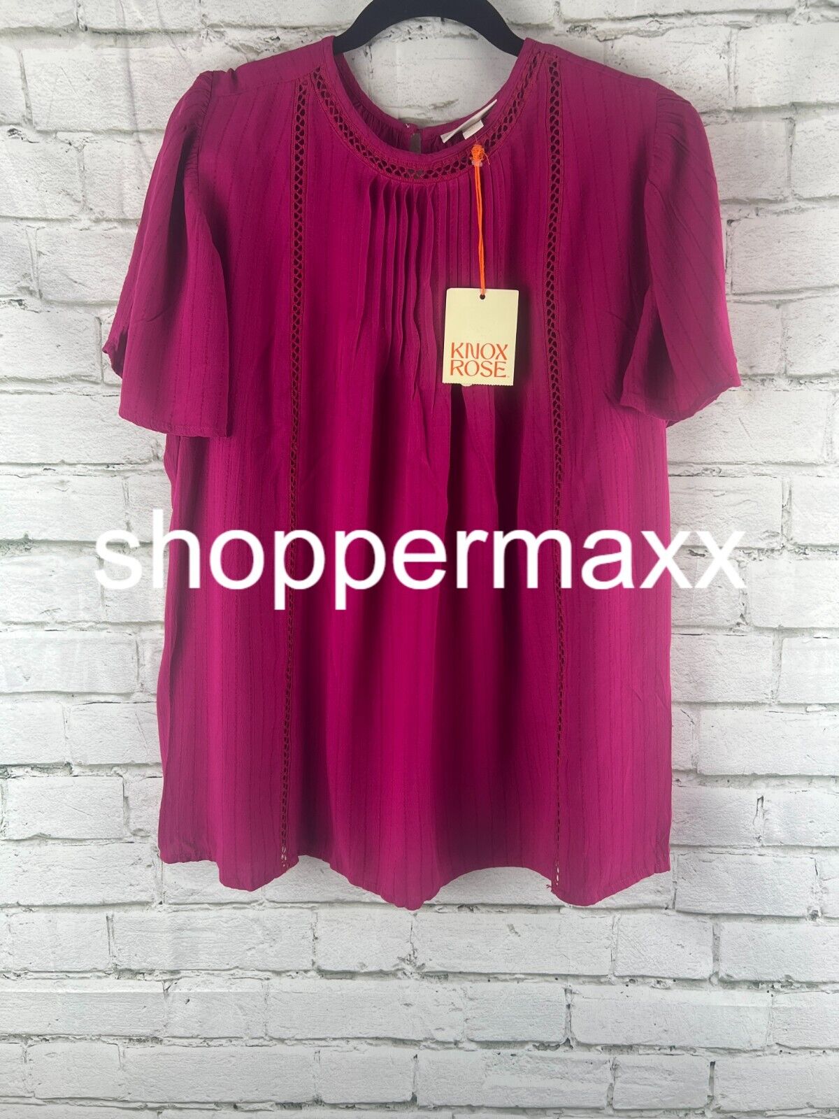 Women's Flutter Sleeve Eyelet Embroidered Top - Knox Rose, Magenta, Small