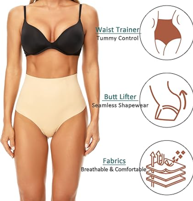 Wizshapor Women Tummy Control Thong Shaper Panty High Waist Shapewear, Beige, S