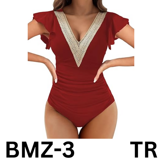 Women's One Piece Swimsuits Tummy Control Bathing Suits Deep V Lace Neckline, L