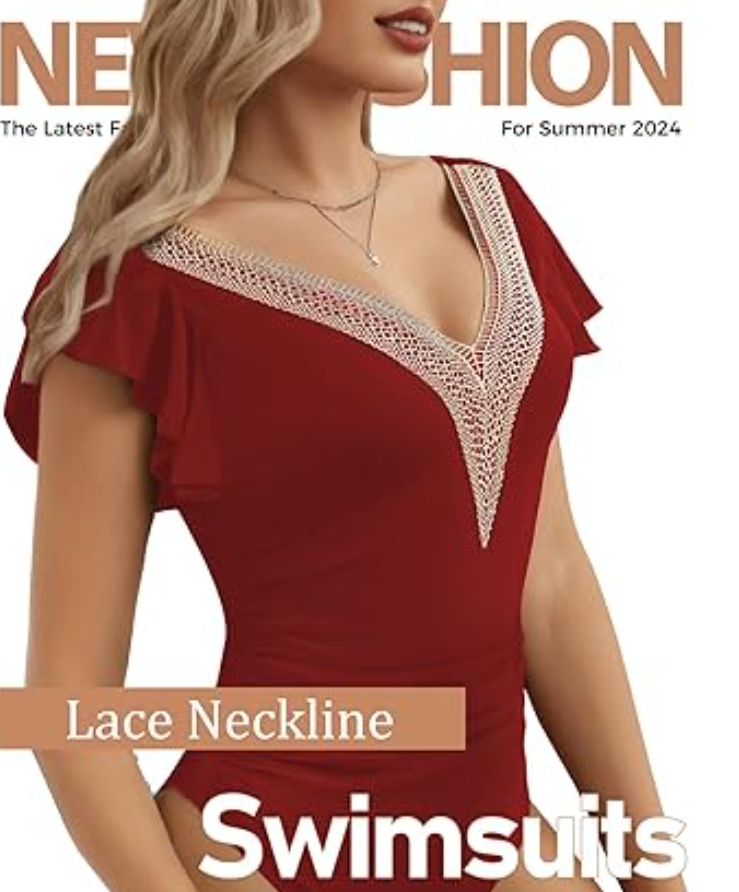 Women's One Piece Swimsuits Tummy Control Bathing Suits Deep V Lace Neckline, L