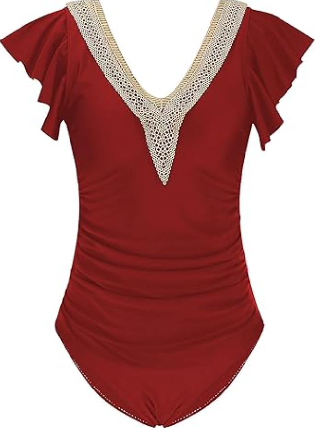 Women's One Piece Swimsuits Tummy Control Bathing Suits Deep V Lace Neckline, L