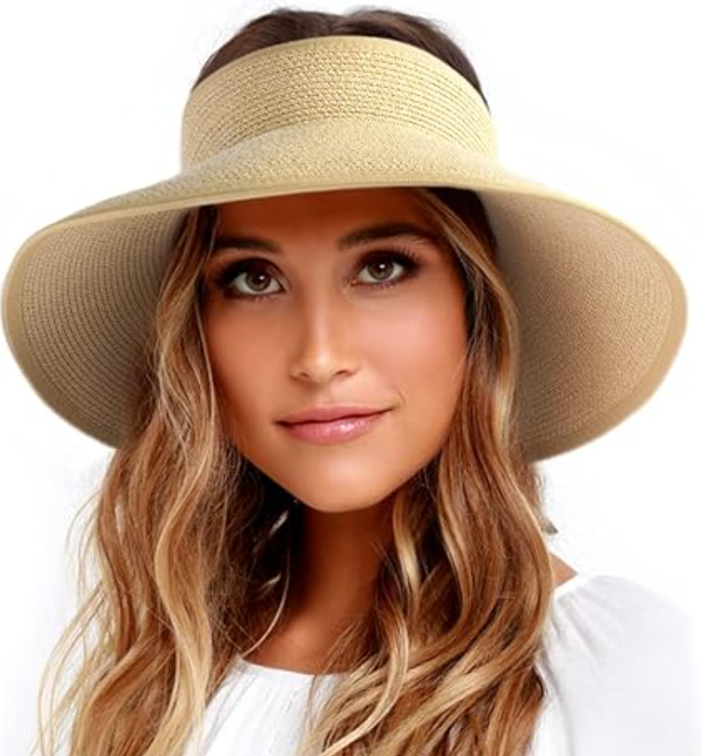 FURTALK Sun Visor Hats for Women Wide Brim Straw Roll-Up Ponytail Summer Beach