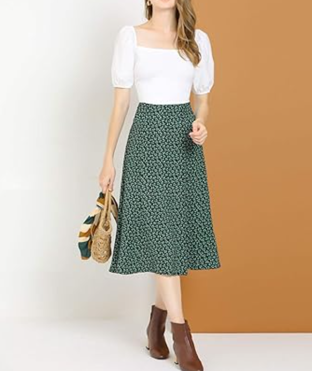 Allegra K Women's Floral Midi Skirt Peasant Elastic Waist A-Line Ditsy Skirts, M