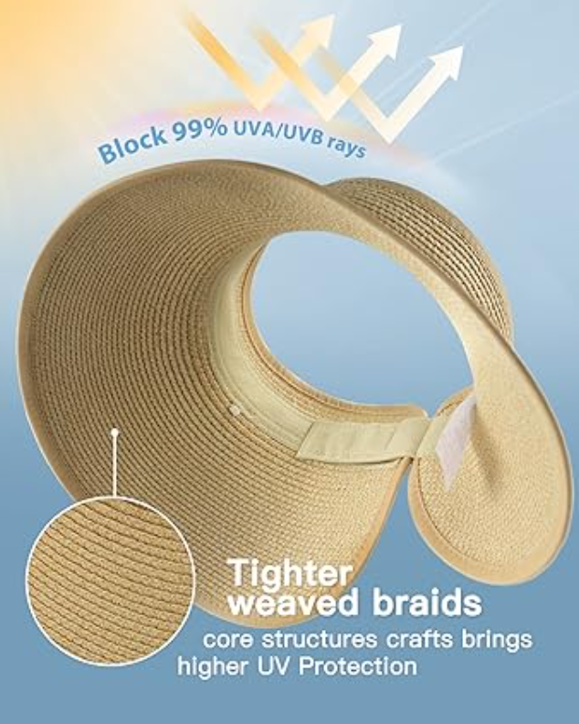 FURTALK Sun Visor Hats for Women Wide Brim Straw Roll-Up Ponytail Summer Beach