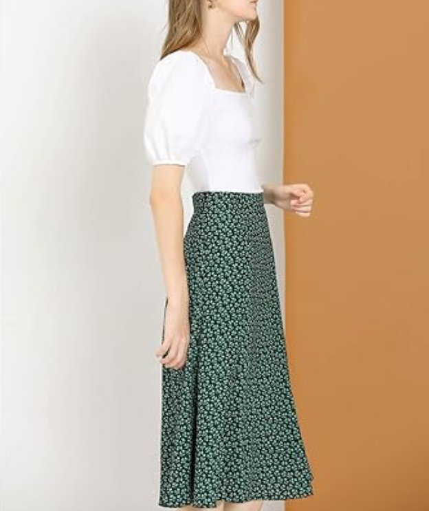Allegra K Women's Floral Midi Skirt Peasant Elastic Waist A-Line Ditsy Skirts, M