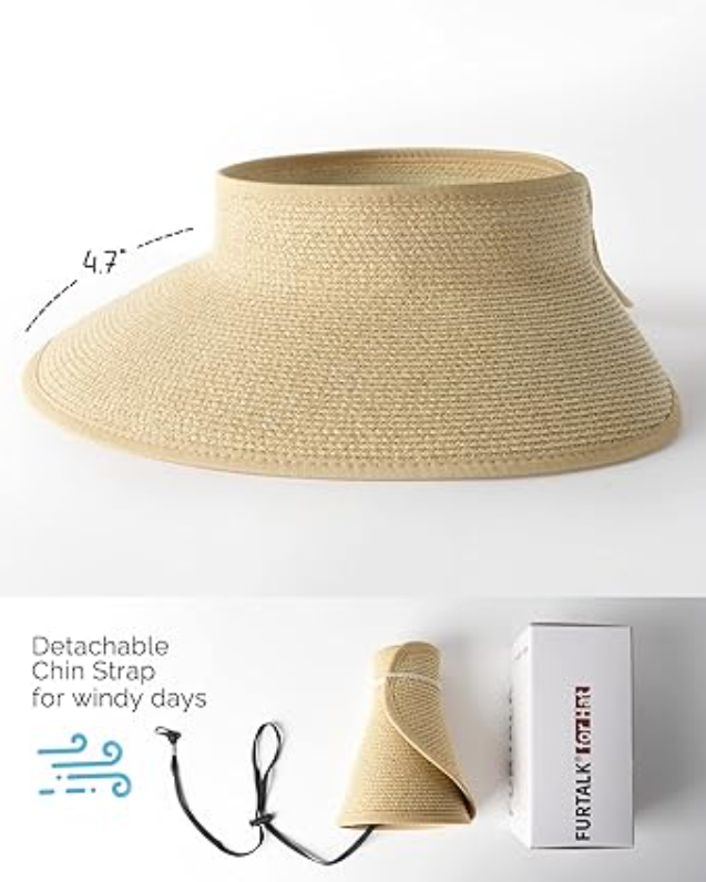 FURTALK Sun Visor Hats for Women Wide Brim Straw Roll-Up Ponytail Summer Beach