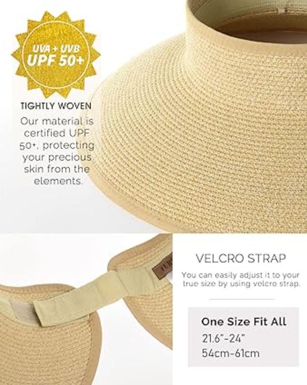 FURTALK Sun Visor Hats for Women Wide Brim Straw Roll-Up Ponytail Summer Beach