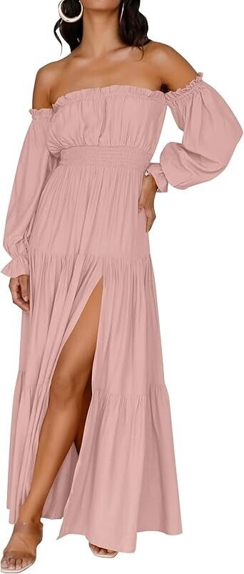 ZESICA Women's Boho Sexy Off Shoulder Long Sleeve Smocked High Waist Dress, XL