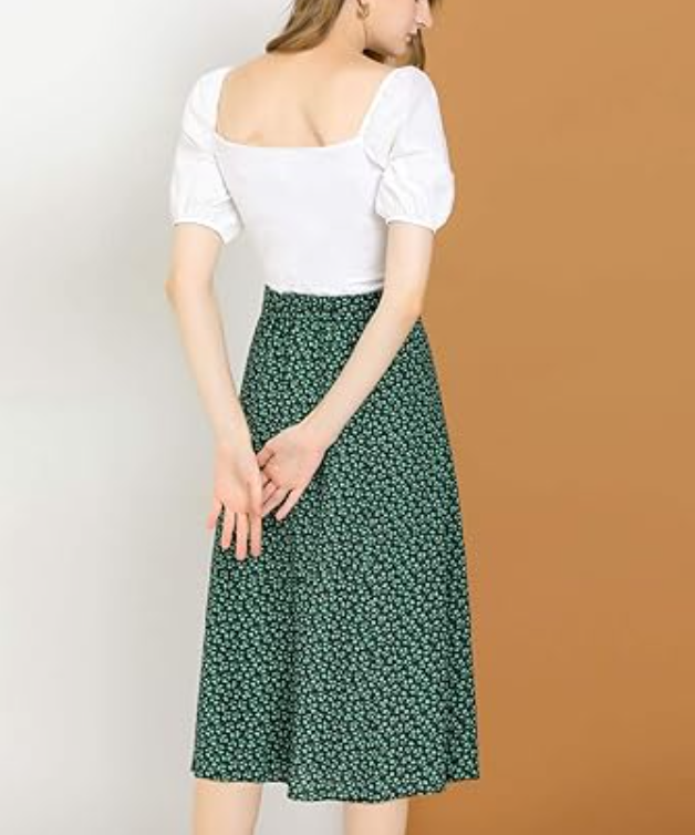 Allegra K Women's Floral Midi Skirt Peasant Elastic Waist A-Line Ditsy Skirts, M